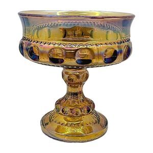 Vintage Amber Carnival Glass Pedestal Candy Dish Bowl Iridescent Kings Crown...